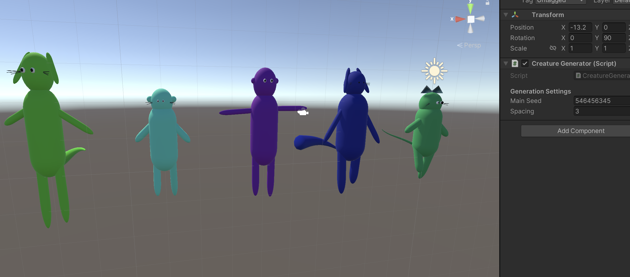 Generated creature examples with varied sizes, colors, ears, and tails
