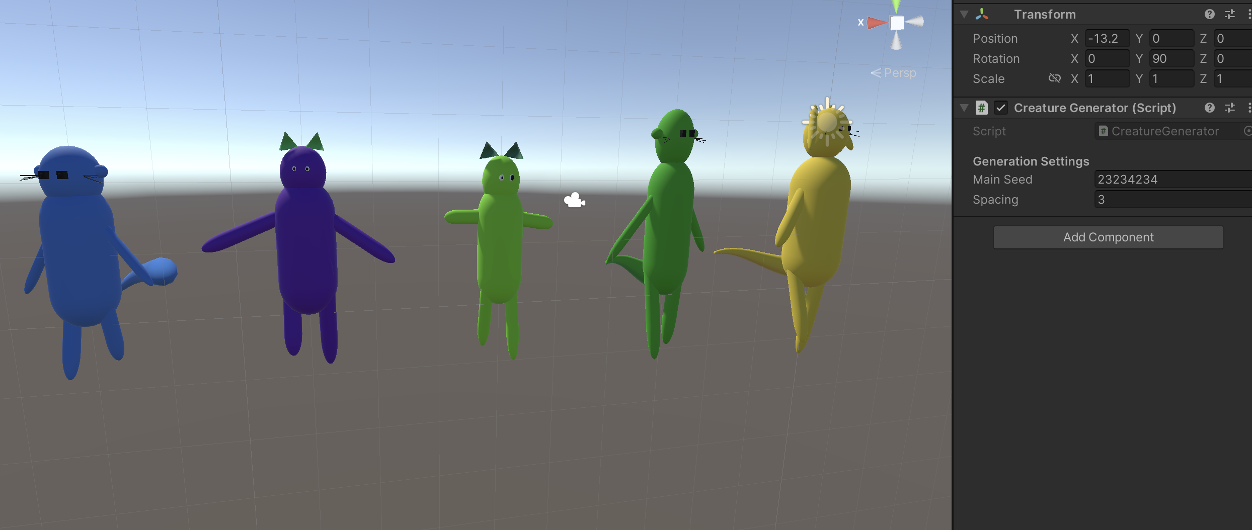 Generated creature examples with different proportions and accessories