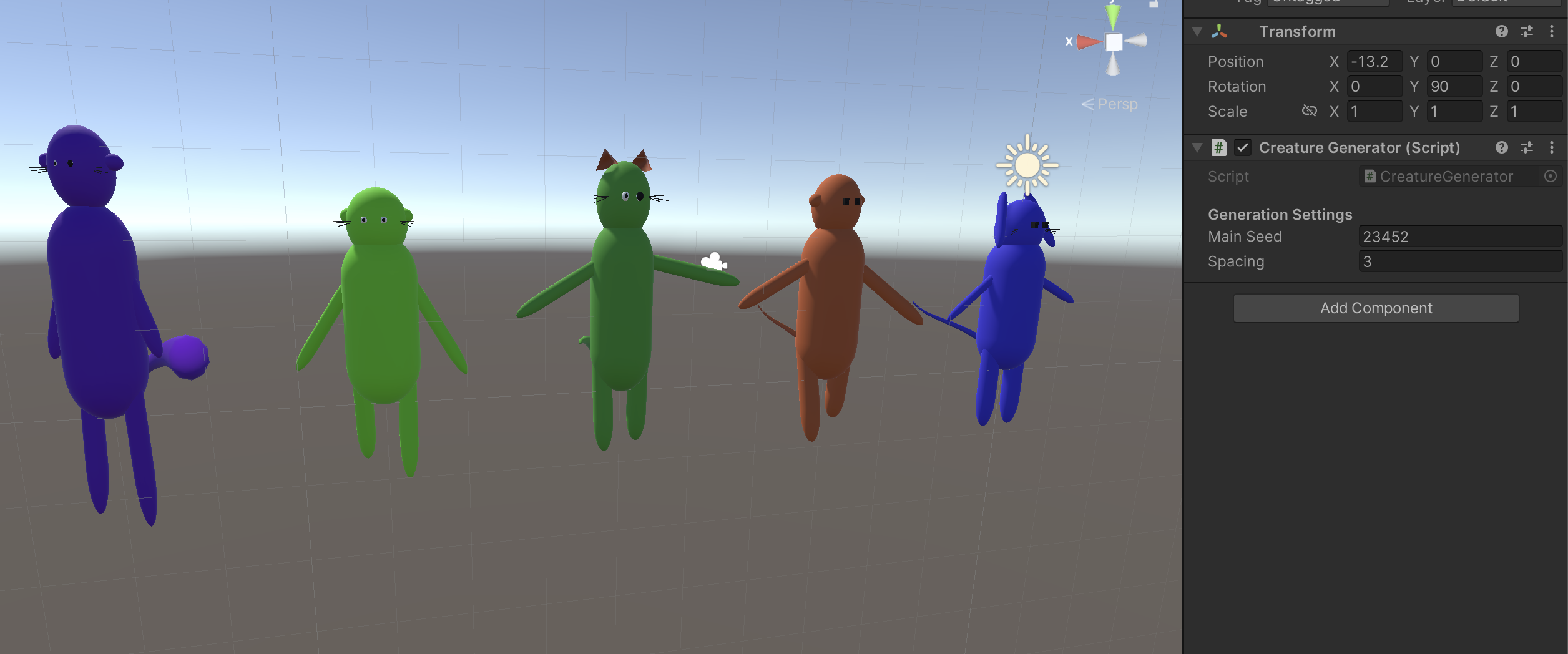 Generated creature examples with alternate colors and body shapes
