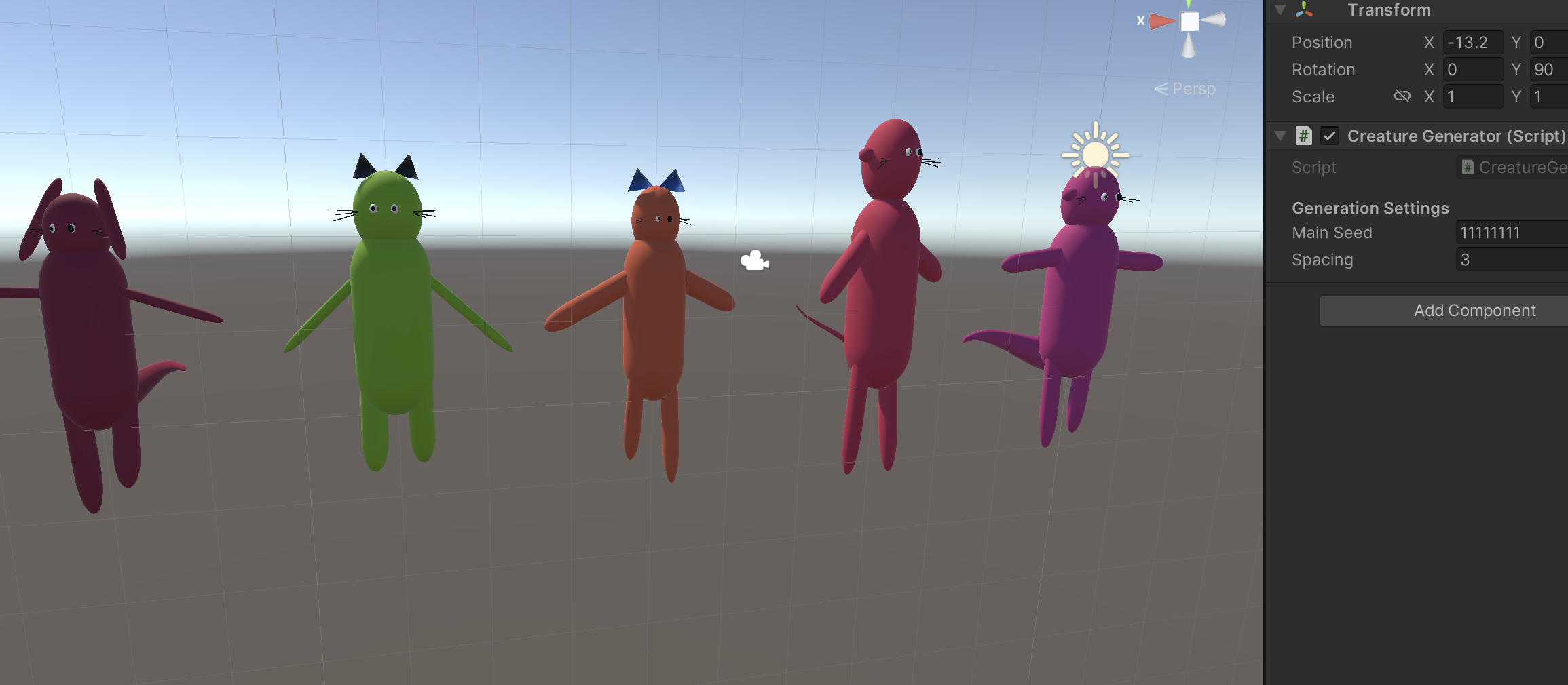 Unity editor screenshot showing multiple procedurally generated colorful creatures