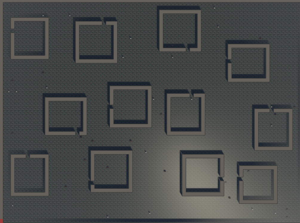 Top-down generated dungeon layout with multiple square rooms and wall openings