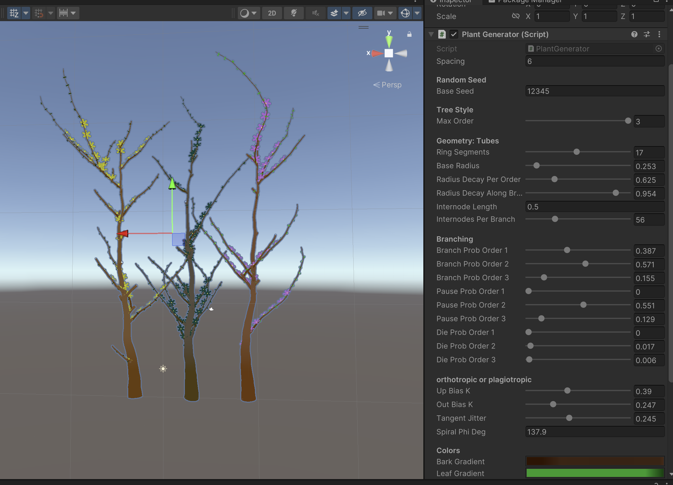 Unity editor screenshot showing procedurally generated trees and plant generator controls